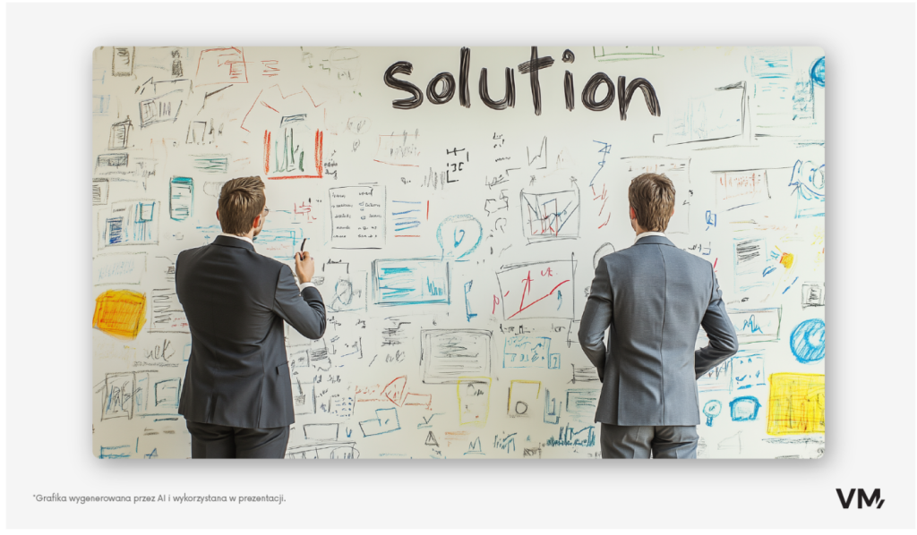 Two business professionals brainstorming and planning solutions on a whiteboard filled with diagrams and notes.