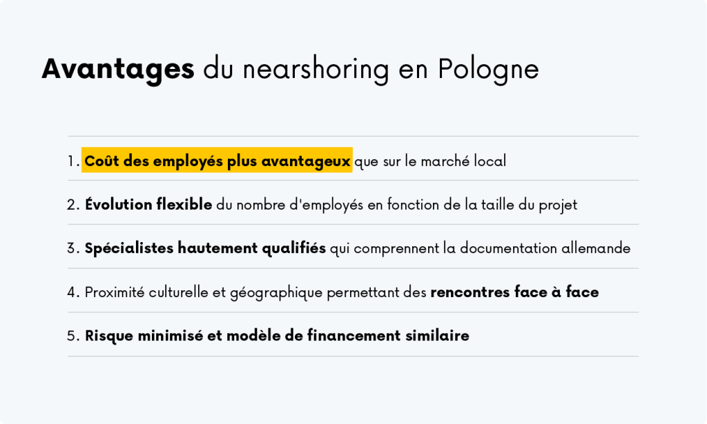 Infographie présentant cinq principaux avantages du nearshoring IT en Pologne, notamment des coûts réduits, une mise à l'échelle flexible des équipes, des spécialistes hautement qualifiés ainsi qu'une proximité géographique et culturelle.