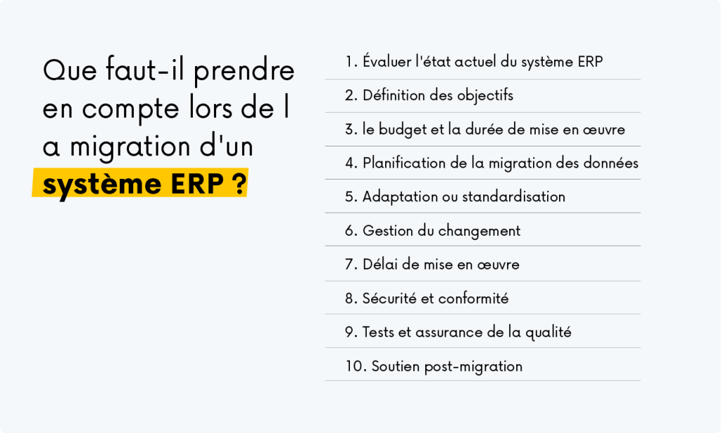 Infographie présentant dix éléments clés d'une migration de système ERP, notamment la planification, le budget, la migration des données, la sécurité, les tests et le support après le déploiement.