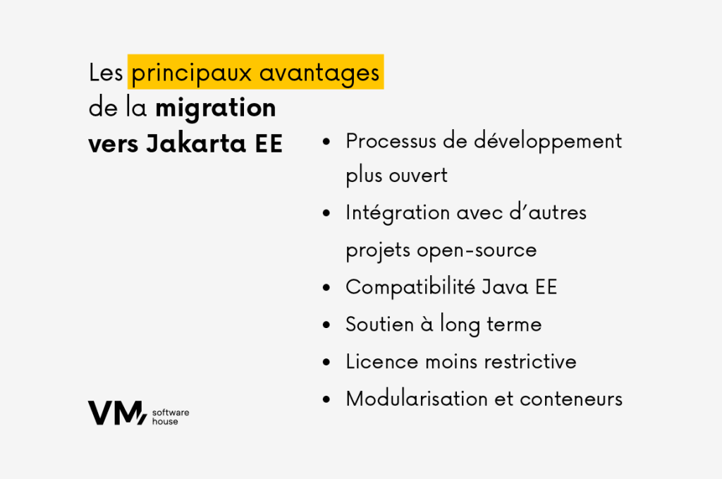 Infographie présentant les principaux avantages de la migration de Java EE vers Jakarta EE, notamment un développement ouvert, la compatibilité, le support à long terme et l'intégration avec des projets open source.