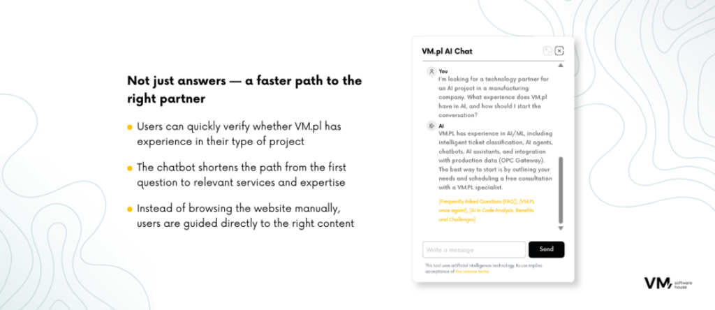 Infographic showing how an AI chatbot helps users quickly find the right business partner by matching inquiries with relevant expertise, services, and specialists.
