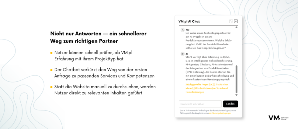 Infografik darüber, wie ein KI-Chatbot Nutzer schneller mit dem passenden Geschäftspartner verbindet, indem Anfragen den richtigen Kompetenzen, Dienstleistungen und Experten zugeordnet werden.