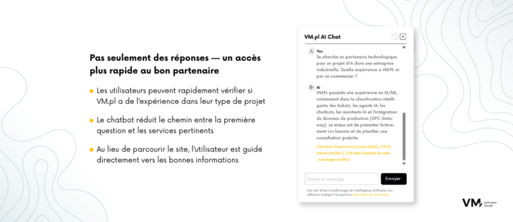 Infographie montrant comment un chatbot basé sur l’IA aide les utilisateurs à trouver rapidement le bon partenaire en orientant leurs demandes vers les compétences, les services et les spécialistes appropriés.