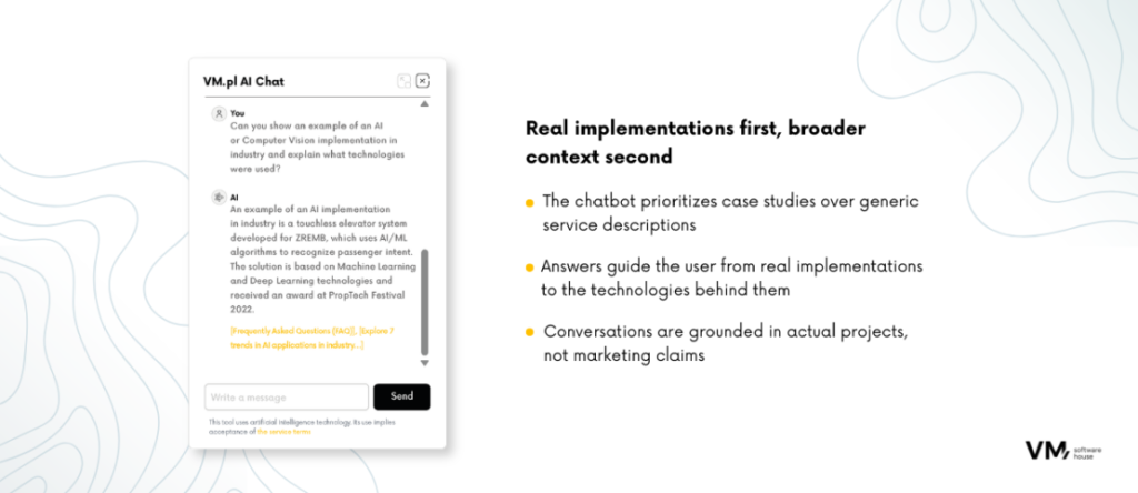 Infographic illustrating how an AI chatbot guides users from real implementation case studies to the technologies used, providing practical examples instead of generic service descriptions.
