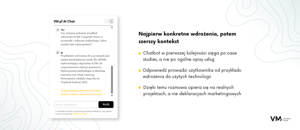 Infografika pokazująca, jak chatbot AI prowadzi użytkownika od konkretnych przykładów wdrożeń do zastosowanych technologii, wykorzystując case studies zamiast ogólnych opisów usług.