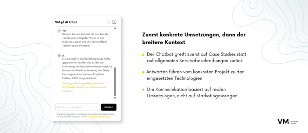 Infografik darüber, wie ein KI-Chatbot Nutzer von konkreten Projektbeispielen zu den eingesetzten Technologien führt und dabei praxisnahe Fallstudien statt allgemeiner Leistungsbeschreibungen nutzt.