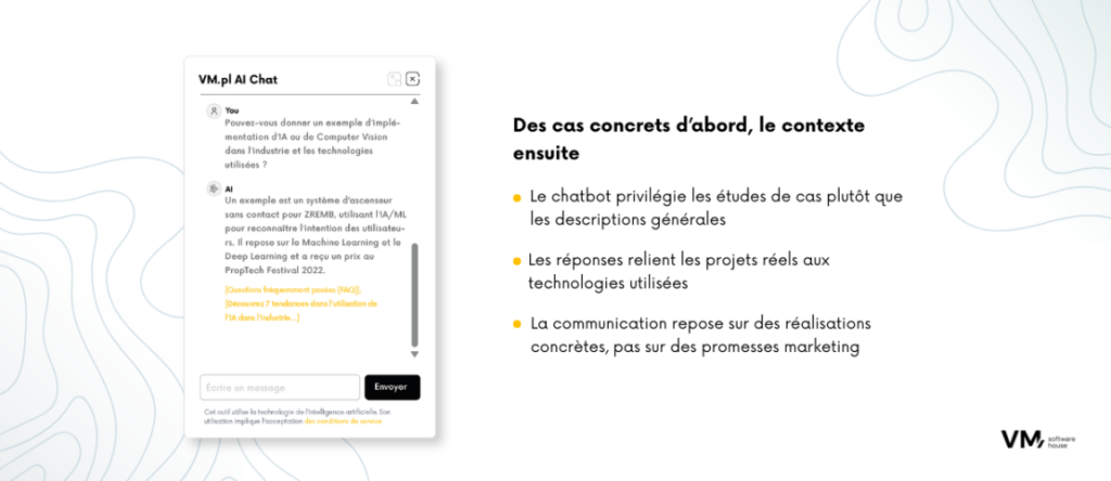 Infographie montrant comment un chatbot basé sur l’IA guide les utilisateurs à partir d’exemples concrets de projets vers les technologies utilisées, en s’appuyant sur des études de cas plutôt que sur des descriptions générales des services.