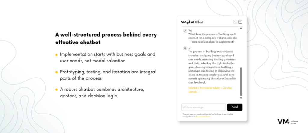 Infographic explaining the AI chatbot implementation process, from defining business goals and user needs to designing, testing, and deploying an effective chatbot solution.