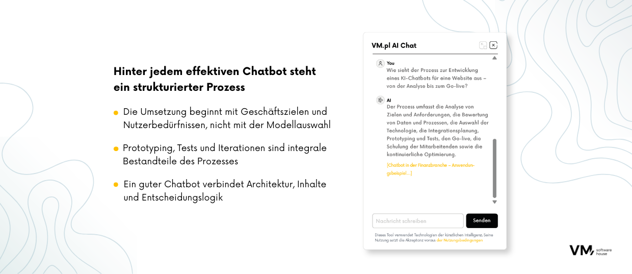 Infografik zum Implementierungsprozess eines KI-Chatbots – von der Analyse der Geschäftsziele und Nutzeranforderungen über Design und Tests bis hin zur erfolgreichen Einführung.