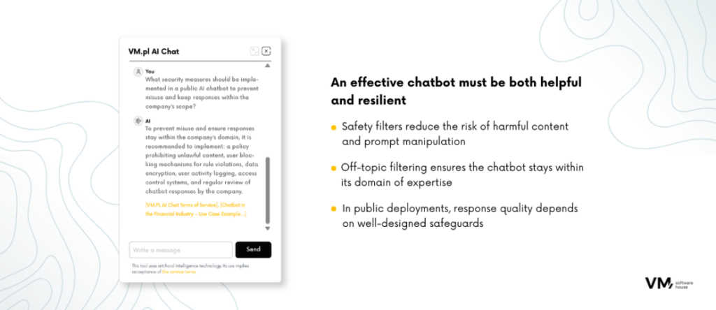 Infographic explaining key AI chatbot security practices, including content filtering, protection against prompt manipulation, off-topic filtering, and safeguards for public chatbot deployments.