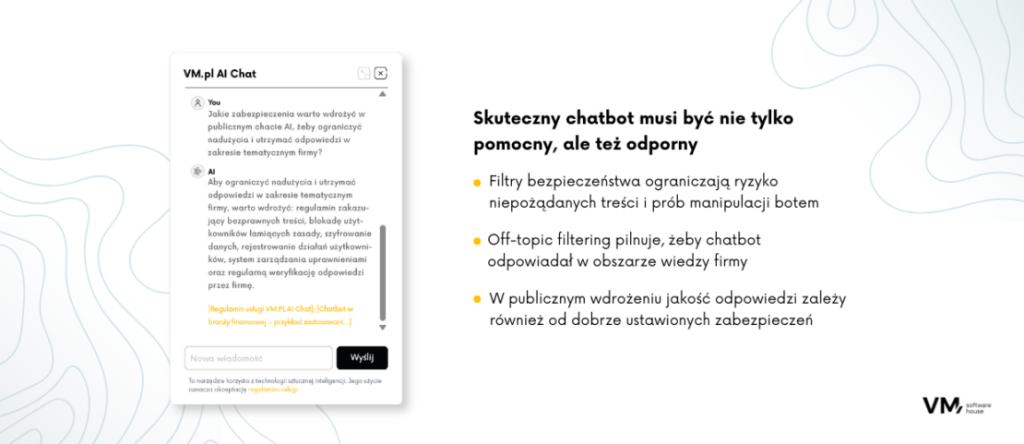Infografika przedstawiająca najważniejsze zasady bezpieczeństwa chatbotów AI, obejmujące filtrowanie treści, ochronę przed manipulacją, kontrolę tematów odpowiedzi oraz zabezpieczenia w publicznych wdrożeniach.