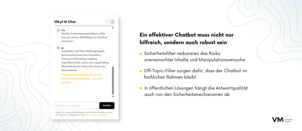 Infografik zu den wichtigsten Sicherheitsmaßnahmen für KI-Chatbots, darunter Inhaltsfilterung, Schutz vor Manipulation, Off-Topic-Filterung und Sicherheitsmechanismen für öffentliche Bereitstellungen.