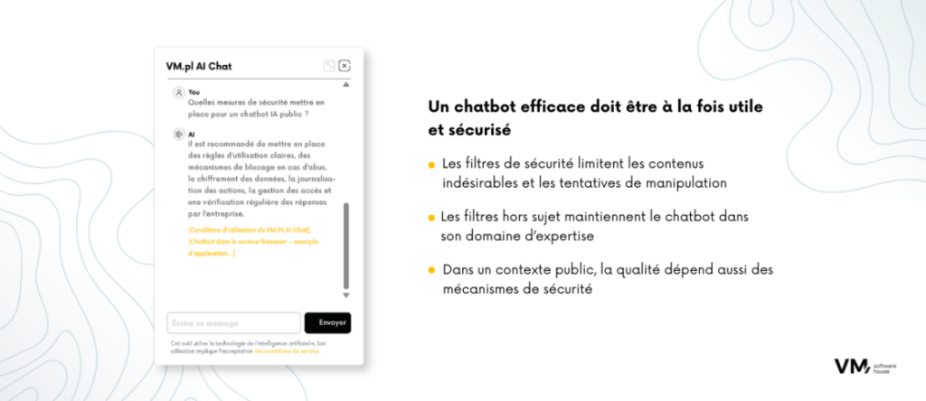 Infographie présentant les principales pratiques de sécurité pour les chatbots basés sur l’IA, notamment le filtrage des contenus, la protection contre les manipulations, le filtrage hors sujet et les mécanismes de sécurité pour les déploiements publics.