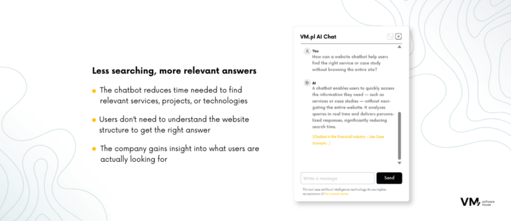 Infographic showing how an AI chatbot helps users quickly find the right services, technologies, and resources, reducing search time while delivering more accurate and relevant answers.