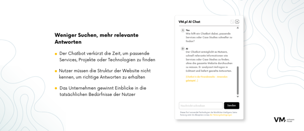 Infografik darüber, wie ein KI-Chatbot Nutzern hilft, schneller die richtigen Dienstleistungen, Technologien und Informationen zu finden und dabei präzisere Antworten liefert.