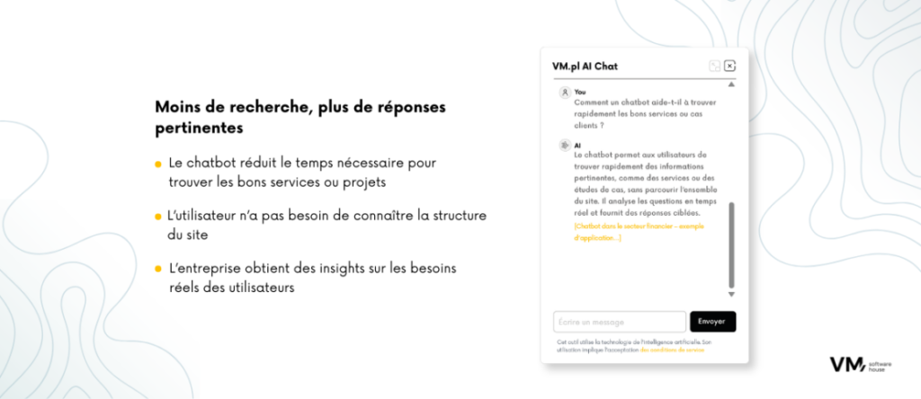 Infographie montrant comment un chatbot basé sur l’IA aide les utilisateurs à trouver rapidement les bons services, technologies et ressources, tout en fournissant des réponses plus précises et pertinentes.