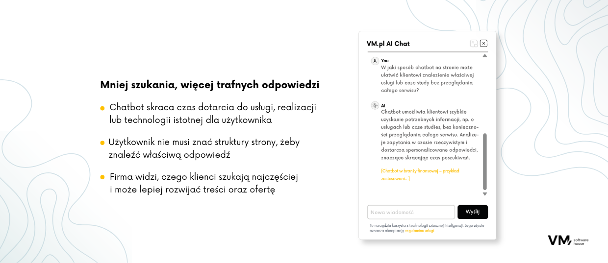 Infografika pokazująca, jak chatbot AI pomaga użytkownikom szybciej znaleźć właściwe usługi, technologie i materiały, skracając czas wyszukiwania oraz dostarczając trafniejsze odpowiedzi.