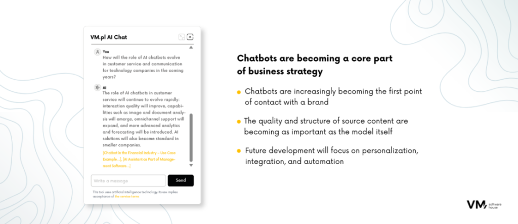 Infographic explaining how AI chatbots are becoming a strategic business asset by serving as the first point of customer contact and supporting personalization, integration, and business automation.