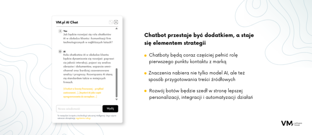 Infografika przedstawiająca rolę chatbotów AI w strategii firm, pokazująca ich znaczenie jako pierwszego punktu kontaktu z klientem oraz narzędzia wspierającego personalizację, integrację i automatyzację.