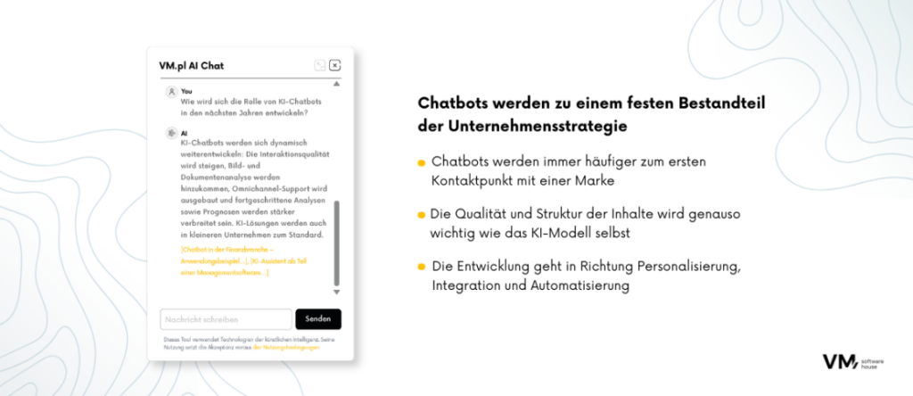 Infografik darüber, wie KI-Chatbots zu einem strategischen Bestandteil von Unternehmen werden, indem sie als erster Kundenkontakt dienen und Personalisierung, Integration sowie Automatisierung unterstützen.