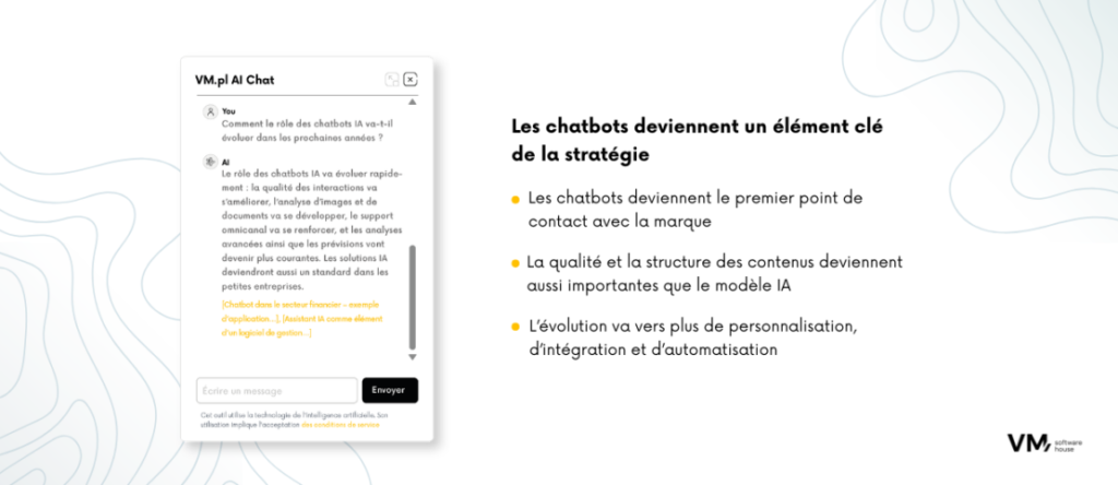 Infographie montrant comment les chatbots basés sur l’IA deviennent un élément stratégique de l’entreprise en servant de premier point de contact avec les clients et en favorisant la personnalisation, l’intégration et l’automatisation.