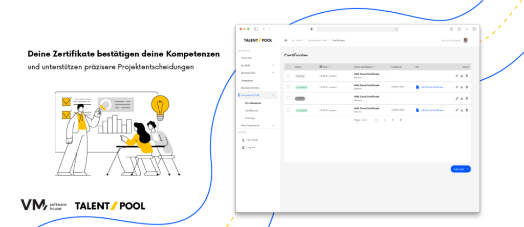Illustration der TalentPool-Plattform mit einem Modul zur Verwaltung von Mitarbeiterzertifikaten, das die Speicherung, Überprüfung und Darstellung beruflicher Qualifikationen für bessere Projektentscheidungen ermöglicht.