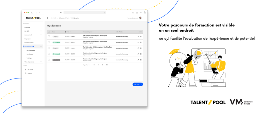 Illustration de la plateforme TalentPool permettant de centraliser les informations sur le parcours de formation, les diplômes, les certifications et le développement professionnel des collaborateurs.