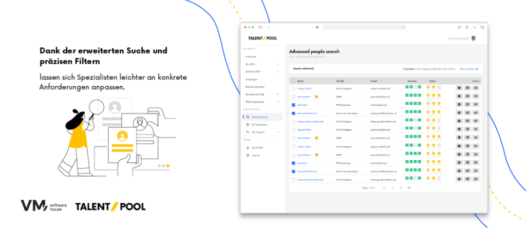 Illustration der TalentPool-Plattform mit einer erweiterten Mitarbeitersuche, die dank leistungsstarker Filter Spezialisten anhand von Kompetenzen, Erfahrung und weiteren Kriterien schnell findet.