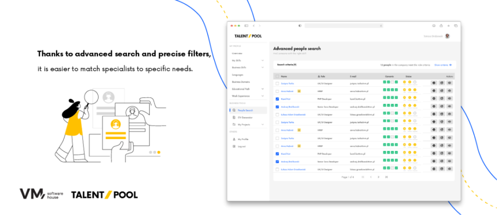Illustration of the TalentPool platform featuring advanced employee search with powerful filters to quickly identify specialists based on skills, experience, and other criteria.