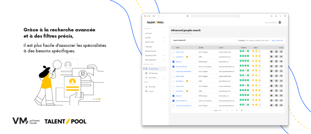 Illustration de la plateforme TalentPool proposant une recherche avancée des collaborateurs grâce à des filtres permettant de trouver rapidement les spécialistes selon leurs compétences, leur expérience et d’autres critères.