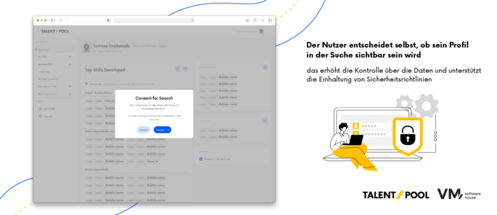 Illustration der TalentPool-Plattform, die zeigt, wie Nutzer die Sichtbarkeit ihres Profils in den Suchergebnissen selbst verwalten können, um Datenschutz, Kontrolle und Sicherheitskonformität zu verbessern.