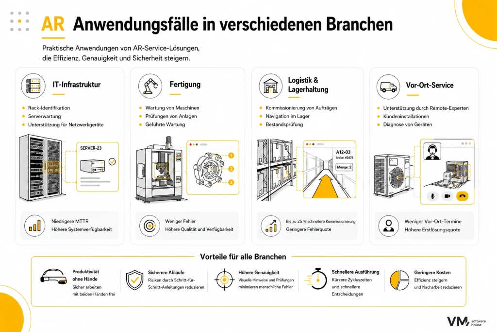 Infografik zu AR-Service-Anwendungen in verschiedenen Branchen, darunter IT-Infrastruktur, Fertigung, Logistik und Lagerhaltung sowie Vor-Ort-Service. Sie zeigt, wie Augmented Reality Wartung, Navigation, Geräteidentifikation, Remote-Support sowie Produktivität, Genauigkeit, Sicherheit und betriebliche Effizienz verbessert.