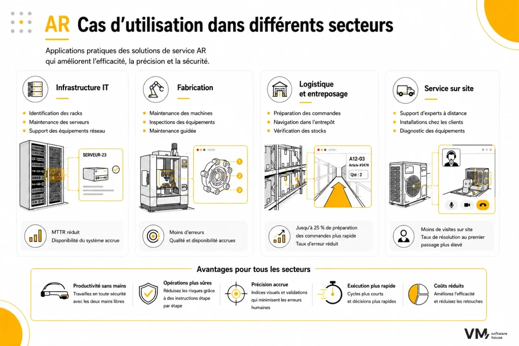 Infographie présentant les applications des services de réalité augmentée dans plusieurs secteurs, notamment l'infrastructure informatique, la fabrication, la logistique et l'entreposage, ainsi que le service sur site. Elle montre comment la réalité augmentée améliore la maintenance, la navigation, l'identification des équipements, l'assistance à distance, la productivité, la précision, la sécurité et l'efficacité opérationnelle.