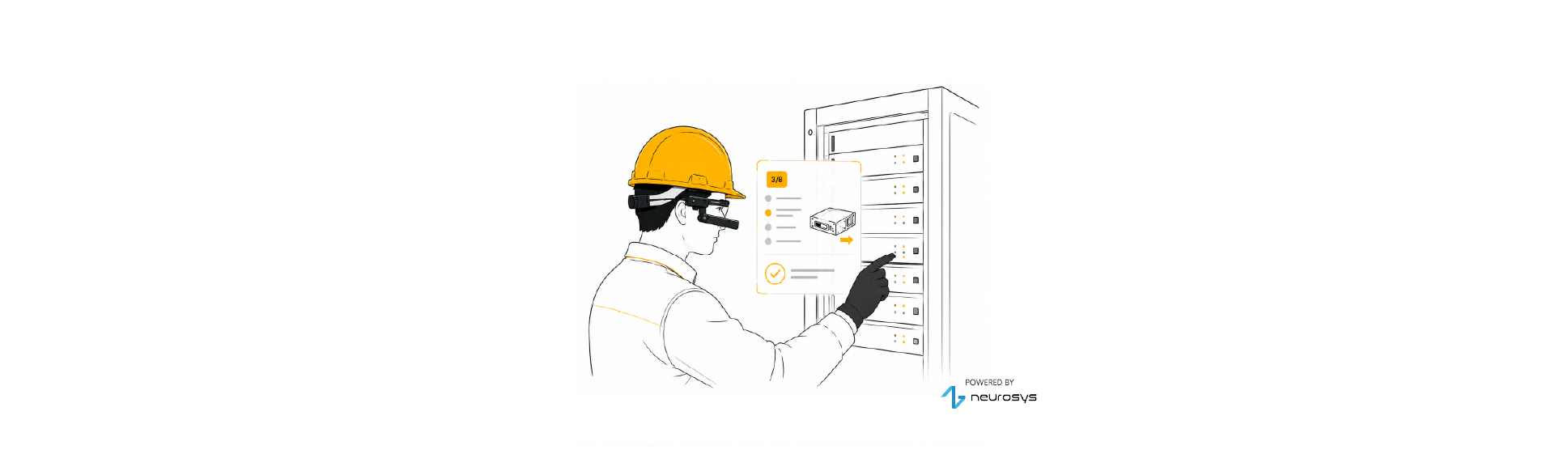 Technician wearing AR smart glasses and a safety helmet while servicing a server rack. Augmented reality displays step-by-step instructions and equipment information to support hands-free maintenance, accurate device identification, and faster IT infrastructure service.