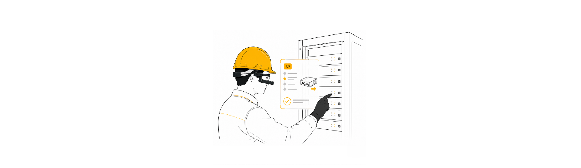 Technician wearing AR smart glasses and a safety helmet while servicing a server rack. Augmented reality displays step-by-step instructions and equipment information to support hands-free maintenance, accurate device identification, and faster IT infrastructure service.