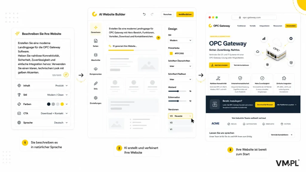 KI-gestützter Prozess zur Erstellung der OPC Gateway Produktwebsite – von der Beschreibung der Anforderungen bis zur fertigen Seite.