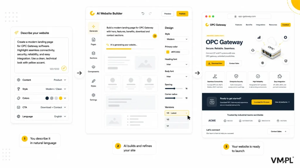 AI-powered process for creating the OPC Gateway product website, from defining requirements to the generated final page.