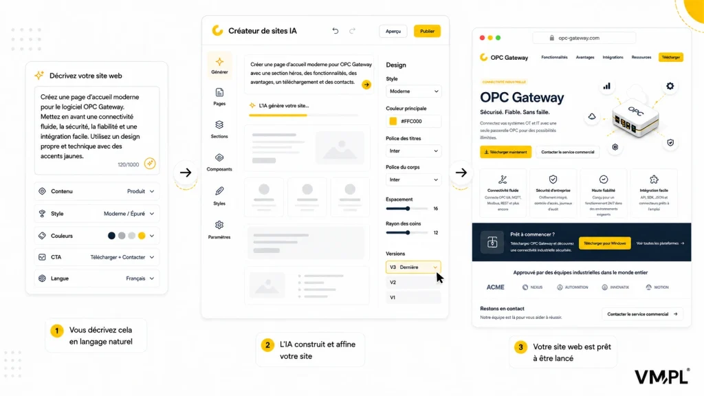 Processus de création du site produit OPC Gateway avec l’IA, de la définition des besoins à la page finale générée.