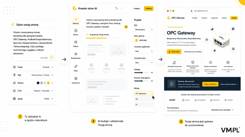 Proces tworzenia strony produktowej OPC Gateway z wykorzystaniem AI, od opisu wymagań po wygenerowaną witrynę.