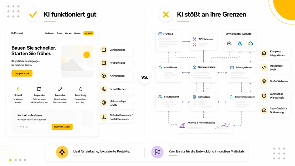 Vergleich des KI-Einsatzes bei der Website-Erstellung: einfache Produktseiten und Landingpages gegenüber komplexen Systemen mit Integrationen, individueller Logik und langfristiger Wartung.
