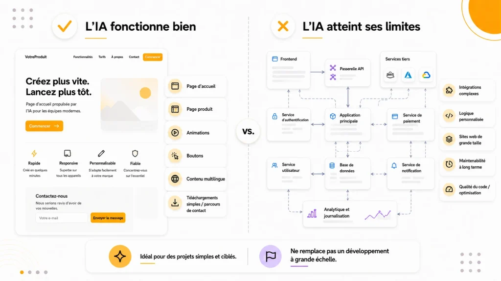 Comparaison des usages de l’IA dans la création de sites web : pages produit et landing pages simples face à des systèmes complexes nécessitant des intégrations, une logique personnalisée et une maintenance à long terme.