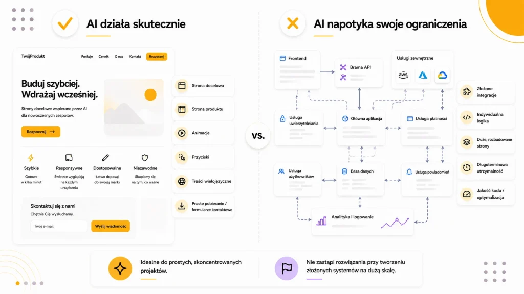 Porównanie zastosowań AI w tworzeniu stron: proste strony produktowe i landing pages kontra złożone systemy wymagające integracji, indywidualnej logiki i długoterminowego utrzymania.
Porównanie zastosowań AI w tworzeniu stron: proste strony produktowe i landing pages kontra złożone systemy wymagające integracji, indywidualnej logiki i długoterminowego utrzymania.