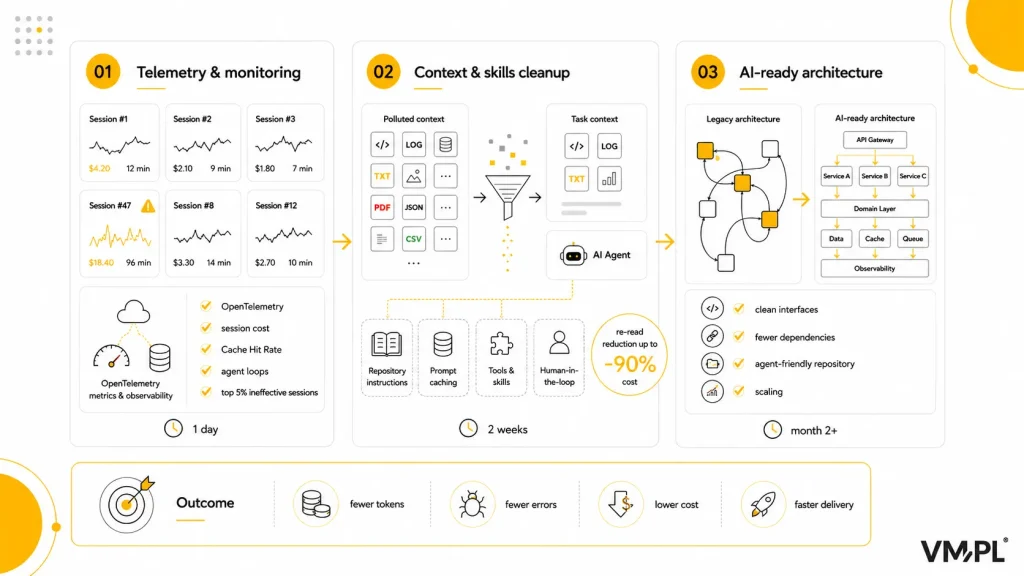 Infographic: VM.PL's 3-step implementation model — telemetry and control with OpenTelemetry (1 week), context cleanup and skill building with prompt caching cutting cost by 90% (2 weeks), and transition to AI-ready architecture with domain layer and observability (month 2+); the result is fewer tokens, fewer errors, lower cost, and faster delivery