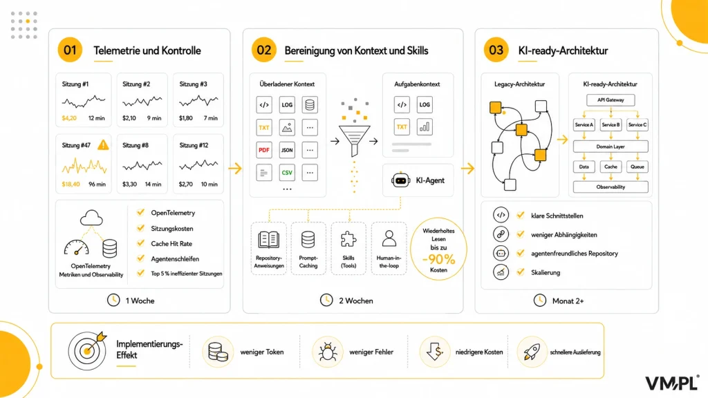 Infografik: VM.PLs 3-Stufen-Implementierungsmodell – Telemetrie und Kontrolle mit OpenTelemetry (1 Woche), Context-Bereinigung und Skill-Aufbau mit Prompt-Caching zur Kostensenkung um 90% (2 Wochen), sowie Umstellung auf AI-ready Architecture mit Domain Layer und Observability (Monat 2+); das Ergebnis sind weniger Tokens, weniger Fehler, niedrigere Kosten und schnelleres Delivery