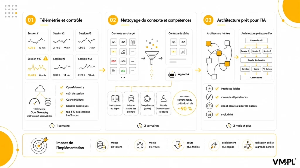 Infographie : le modèle de déploiement en 3 étapes de VM.PL — télémétrie et contrôle avec OpenTelemetry (1 semaine), nettoyage du contexte et création de skills avec mise en cache des prompts réduisant les coûts de 90% (2 semaines), et transition vers une architecture AI-ready avec couche domaine et observabilité (mois 2+) ; le résultat est moins de tokens, moins d'erreurs, un coût réduit et une livraison plus rapide