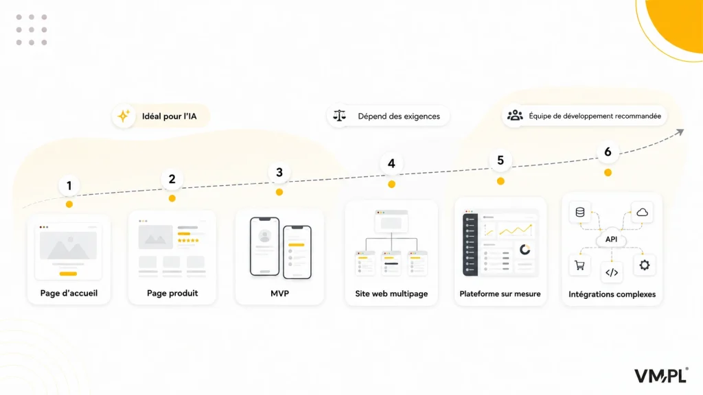 Échelle de complexité des projets web montrant où l’IA est la plus adaptée, des landing pages et sites produit aux MVP, sites multipages, plateformes sur mesure et intégrations complexes.