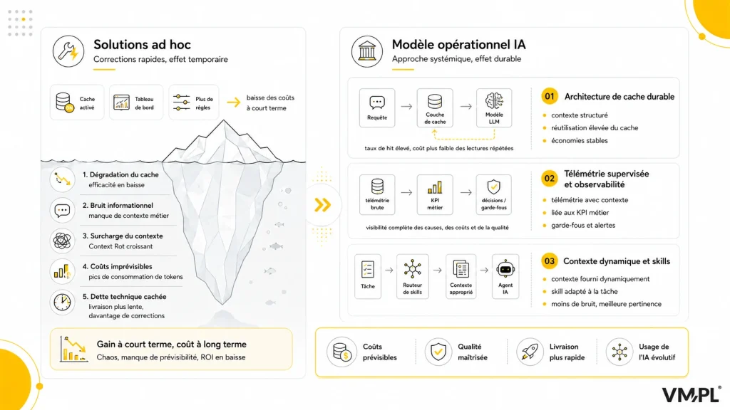 Infographie : comparaison des solutions ad hoc avec le modèle opérationnel IA de VM.PL — les solutions ad hoc entraînent une dégradation du cache, du bruit informationnel, une surcharge de contexte, des coûts imprévisibles et une dette technique cachée, tandis que les trois piliers du modèle opérationnel (architecture de cache durable, télémétrie gouvernée, et contexte et compétences dynamiques) offrent des coûts prévisibles, une qualité contrôlée, une livraison plus rapide et un usage évolutif de l'IA