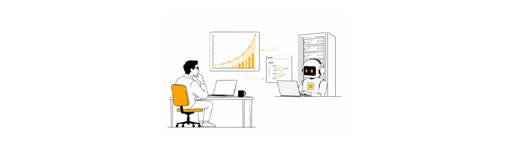 Illustration of an engineer analyzing data on a computer connected to industrial equipment, representing software development, automation, and Industry 4.0.