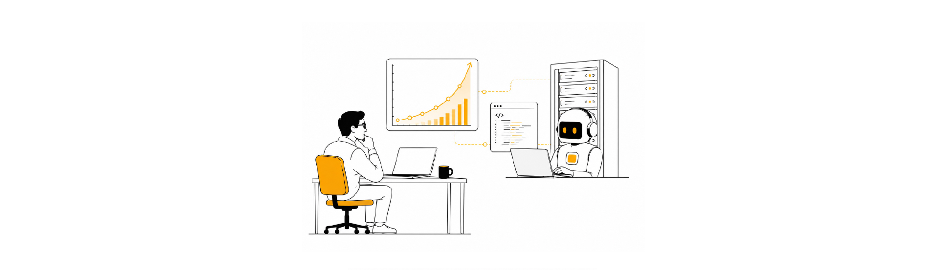 Illustration of an engineer analyzing data on a computer connected to industrial equipment, representing software development, automation, and Industry 4.0.