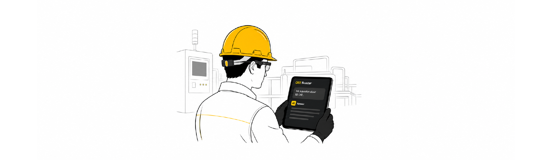 Person hold tablet with OEE Booster, which reduce downtimes and money